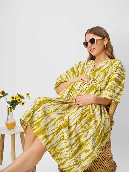 Olive Green Tie-Dye Maternity Kaftan Dress – Cotton, V-Neck, Knee-Length | Indiaista