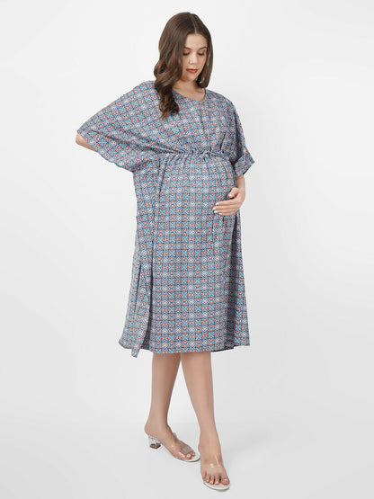 Blue & White Floral Cotton Kaftan Dress – Midi Length, Maternity Wear | Indiaista