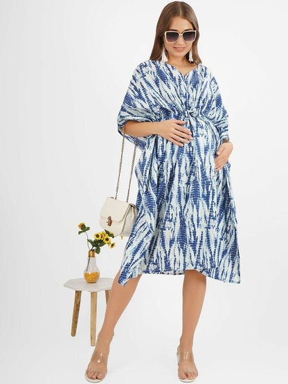 Blue Tie-Dye Maternity Kaftan Dress – Cotton, V-Neck, Knee-Length | Indiaista