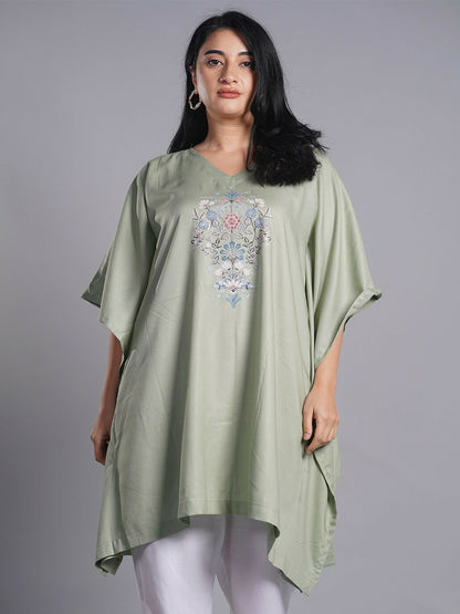 Olive Green Floral Printed Kaftan Kurti for Women – V-Neck, Plus Size, Comfortable Ethnic Wear | Indiaista