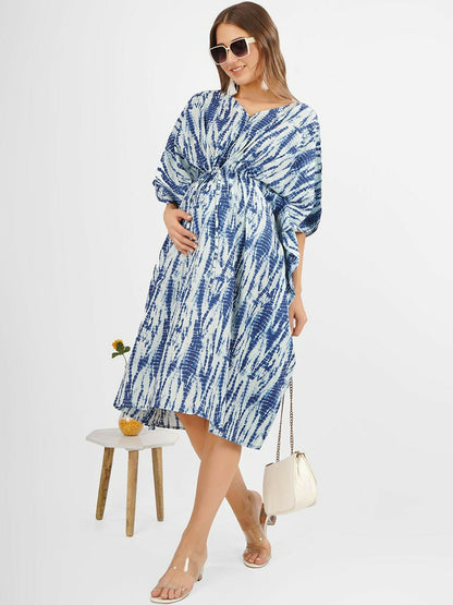 Blue Tie-Dye Maternity Kaftan Dress – Cotton, V-Neck, Knee-Length | Indiaista