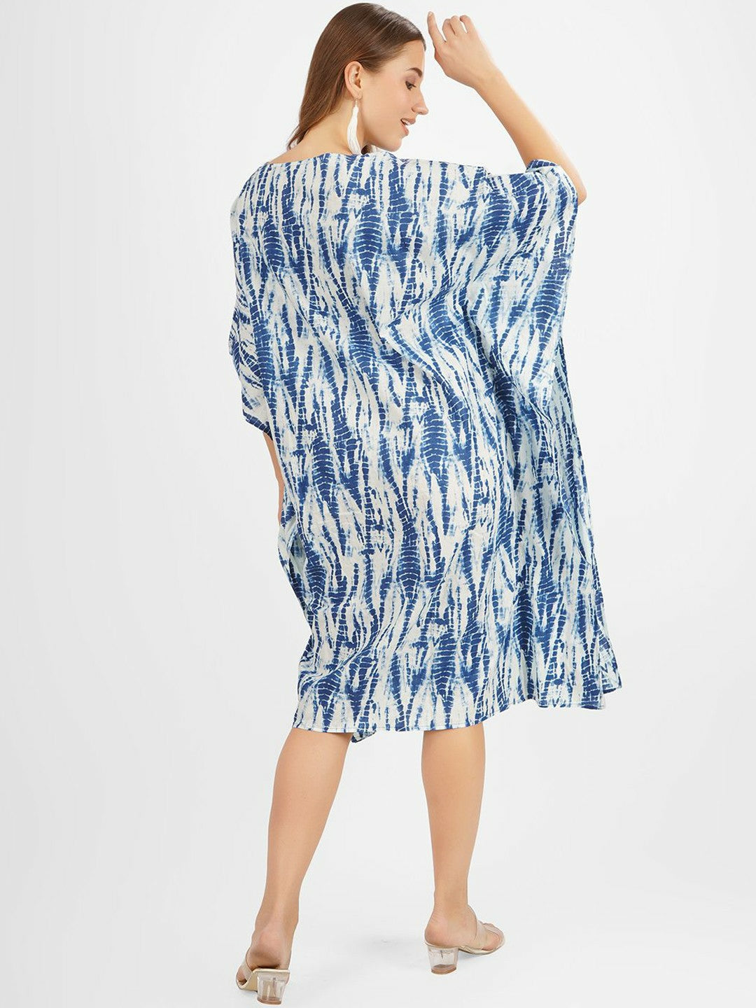 Blue Tie-Dye Maternity Kaftan Dress – Cotton, V-Neck, Knee-Length | Indiaista