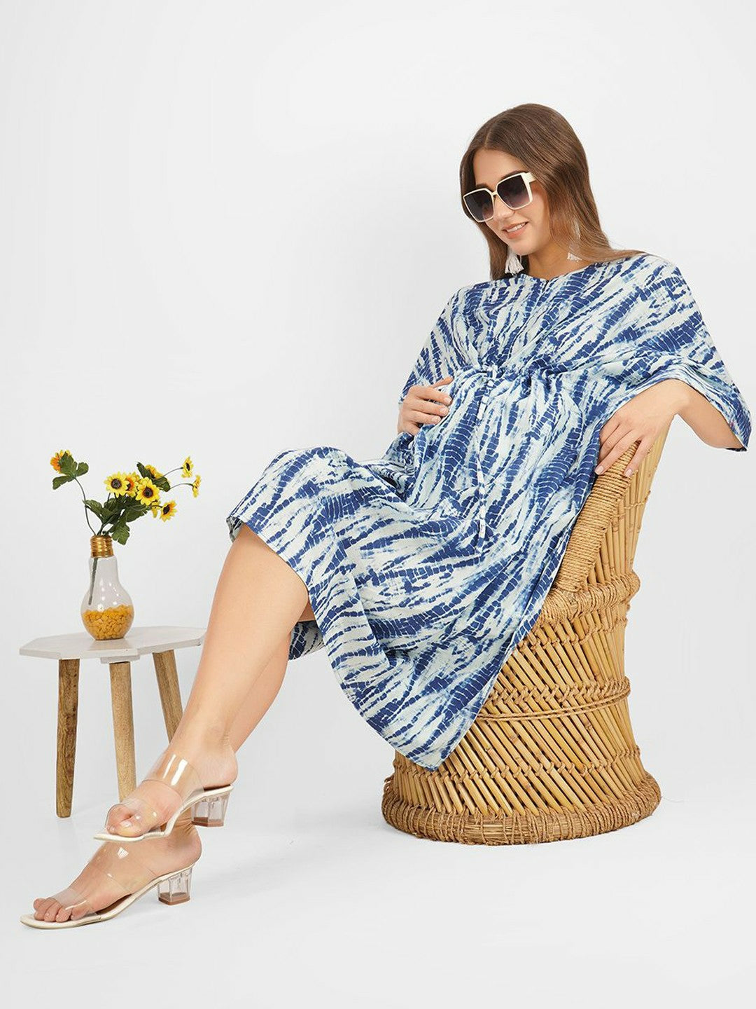 Blue Tie-Dye Maternity Kaftan Dress – Cotton, V-Neck, Knee-Length | Indiaista