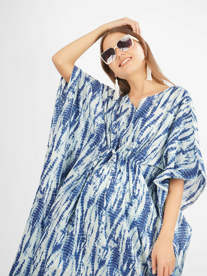 Blue Tie-Dye Maternity Kaftan Dress – Cotton, V-Neck, Knee-Length | Indiaista