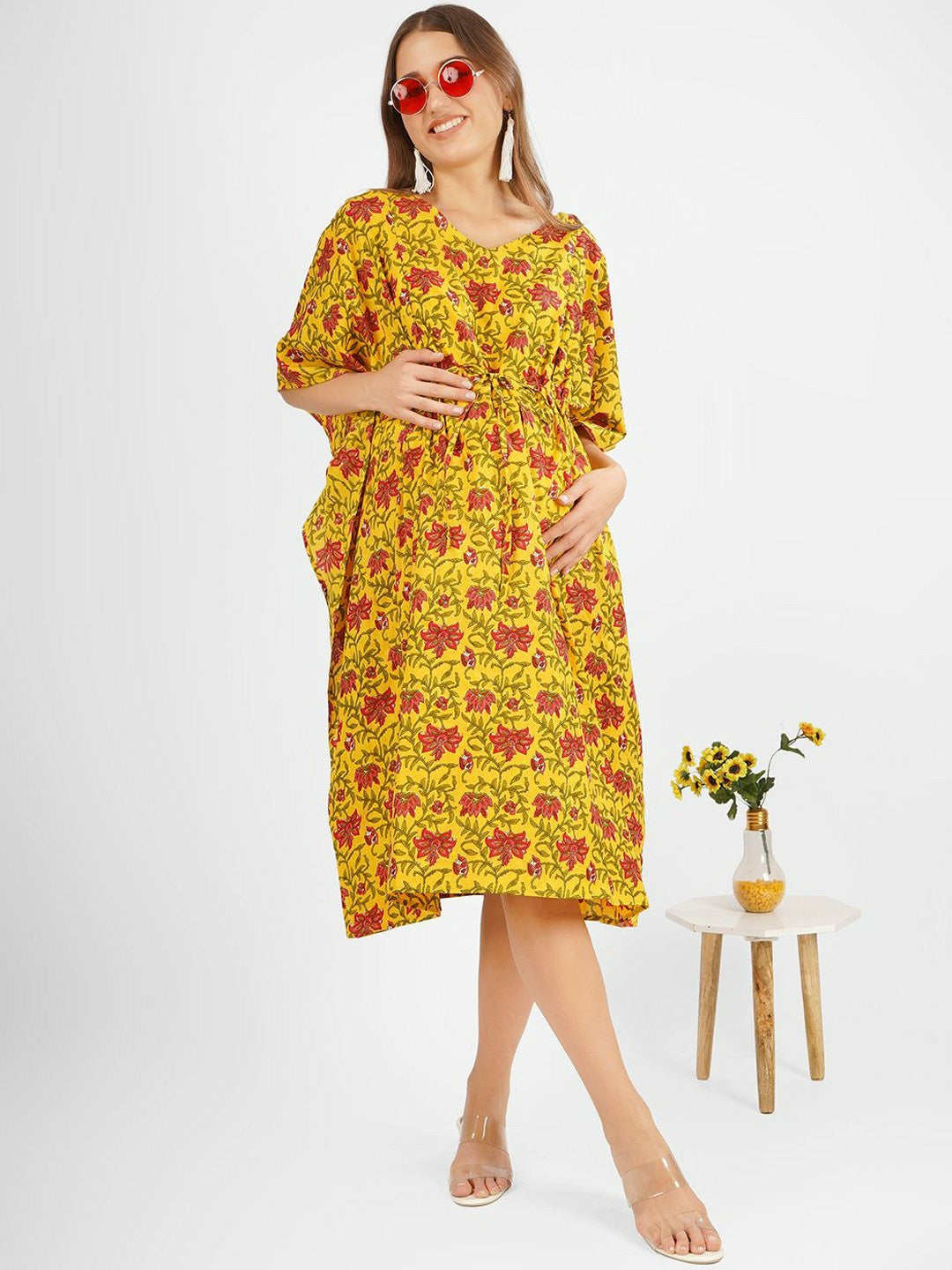 Floral Printed Maternity Kaftan Dress – Yellow, Green & Red, Cotton Midi with Kimono Sleeves | Indiaista