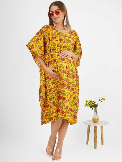 Floral Printed Maternity Kaftan Dress – Yellow, Green & Red, Cotton Midi with Kimono Sleeves | Indiaista