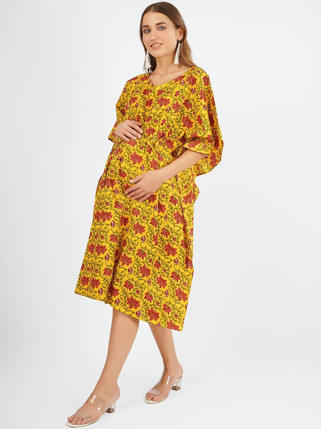 Floral Printed Maternity Kaftan Dress – Yellow, Green & Red, Cotton Midi with Kimono Sleeves | Indiaista