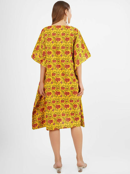 Floral Printed Maternity Kaftan Dress – Yellow, Green & Red, Cotton Midi with Kimono Sleeves | Indiaista