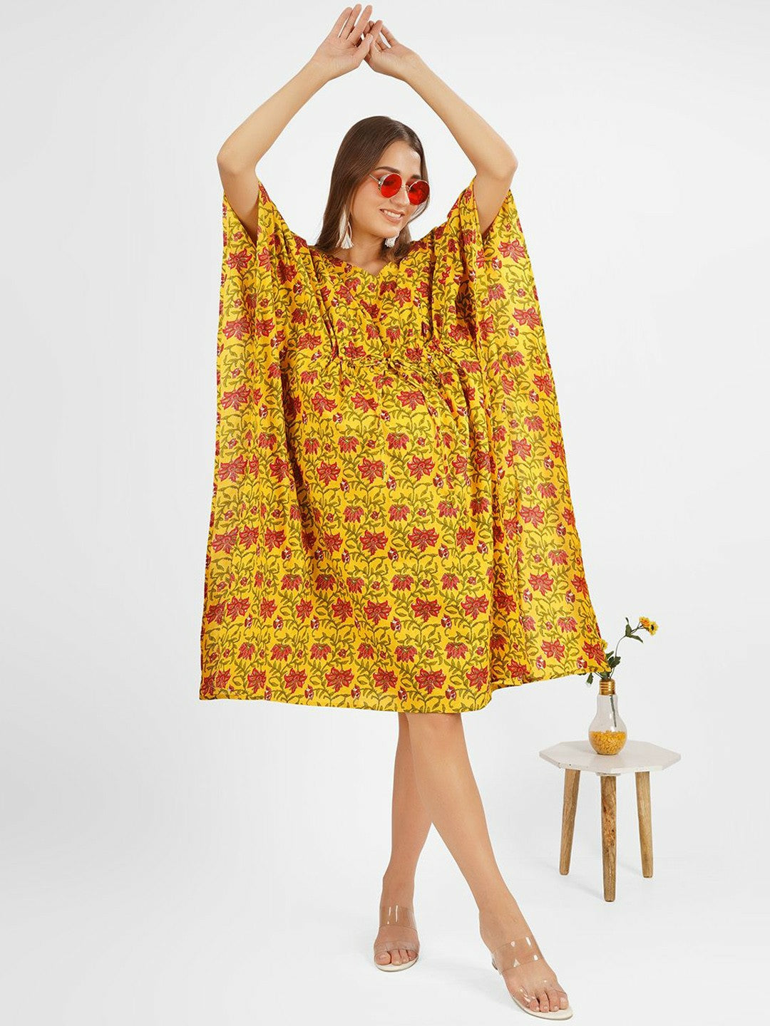 Floral Printed Maternity Kaftan Dress – Yellow, Green & Red, Cotton Midi with Kimono Sleeves | Indiaista