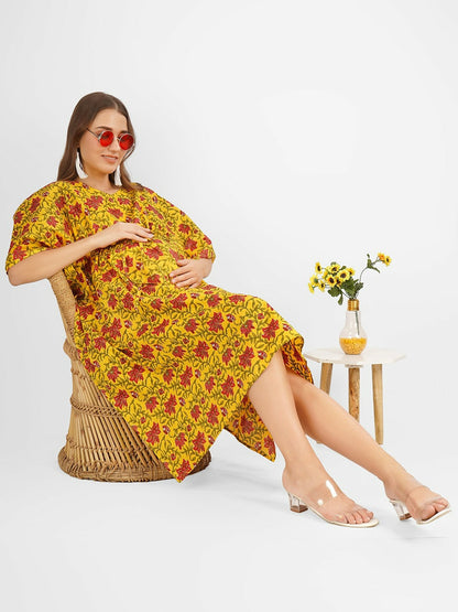 Floral Printed Maternity Kaftan Dress – Yellow, Green & Red, Cotton Midi with Kimono Sleeves | Indiaista