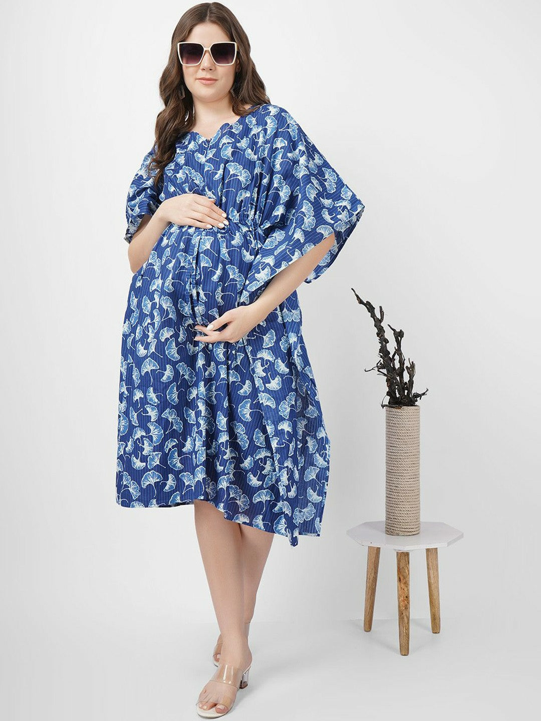 Blue & White Floral Cotton Kaftan Dress for Women – V-Neck, Tie-Up, Knee-Length | Indiaista