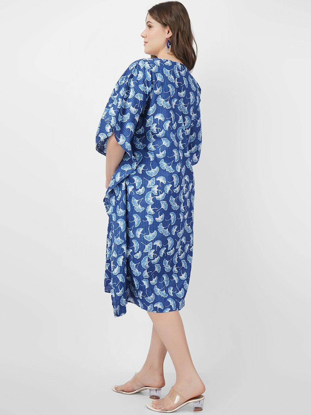 Blue & White Floral Cotton Kaftan Dress for Women – V-Neck, Tie-Up, Knee-Length | Indiaista