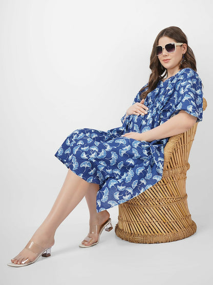 Blue & White Floral Cotton Kaftan Dress for Women – V-Neck, Tie-Up, Knee-Length | Indiaista