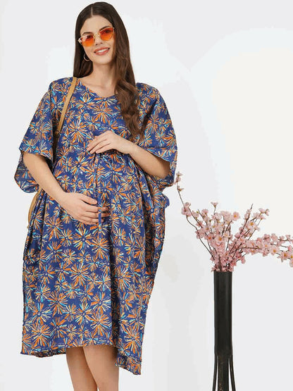 Blue Floral Print Cotton Kaftan Dress for Women – V-Neck, Tie-Up Waist, Knee-Length | Indiaista