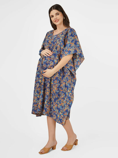 Blue Floral Print Cotton Kaftan Dress for Women – V-Neck, Tie-Up Waist, Knee-Length | Indiaista