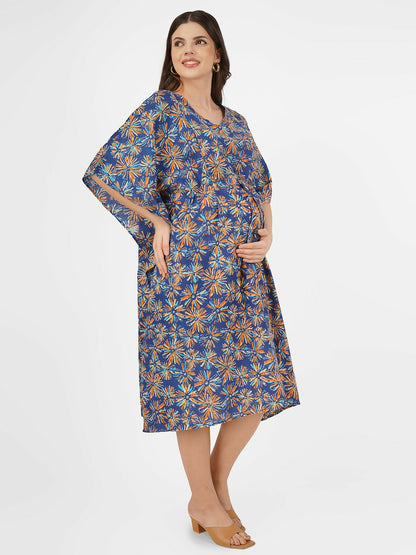 Blue Floral Print Cotton Kaftan Dress for Women – V-Neck, Tie-Up Waist, Knee-Length | Indiaista