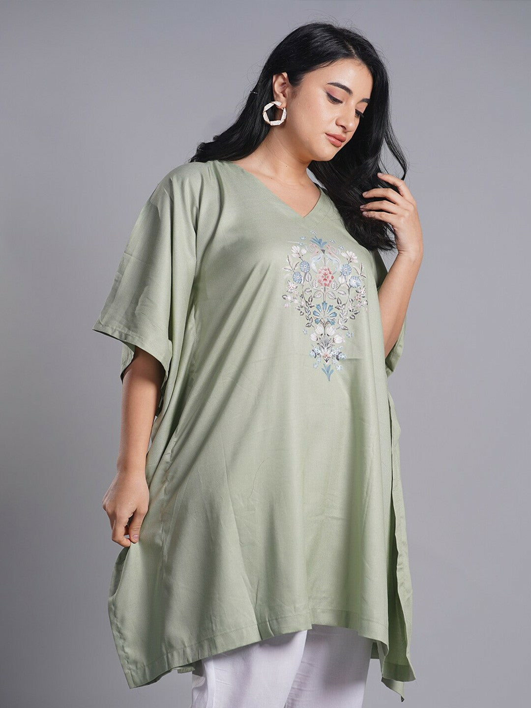 Olive Green Floral Printed Kaftan Kurti for Women – V-Neck, Plus Size, Comfortable Ethnic Wear | Indiaista