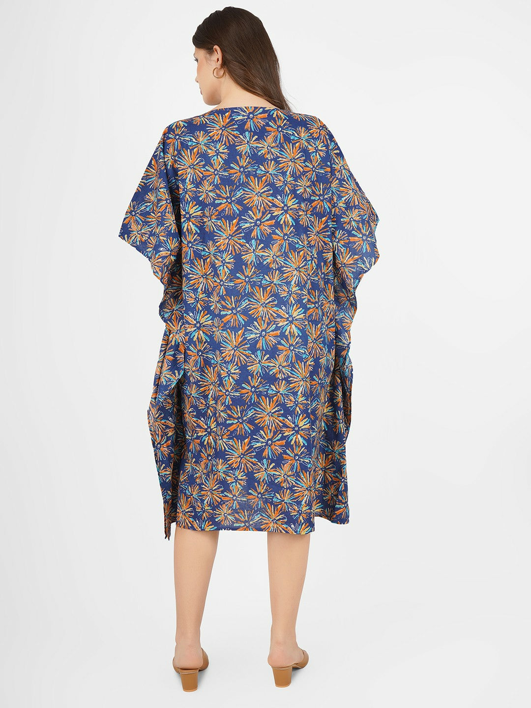 Blue Floral Print Cotton Kaftan Dress for Women – V-Neck, Tie-Up Waist, Knee-Length | Indiaista