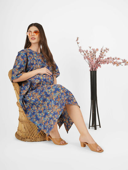 Blue Floral Print Cotton Kaftan Dress for Women – V-Neck, Tie-Up Waist, Knee-Length | Indiaista