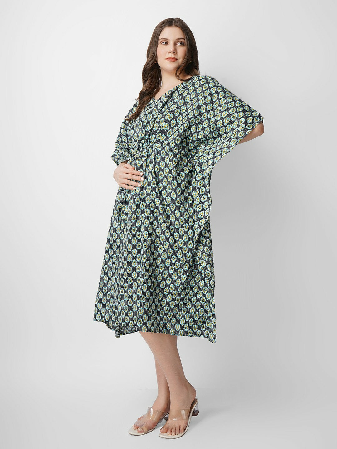 Black & Green Ethnic Motif Print Kaftan Dress – V-Neck, Kimono Sleeves, Midi Length | Indiaista