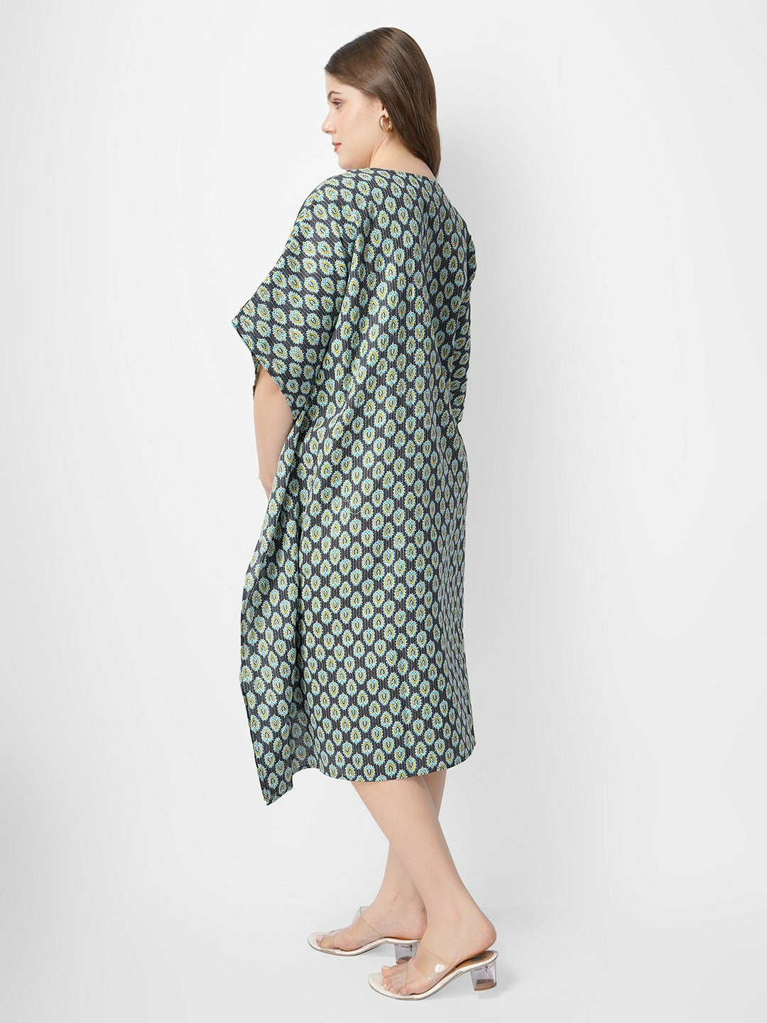 Black & Green Ethnic Motif Print Kaftan Dress – V-Neck, Kimono Sleeves, Midi Length | Indiaista