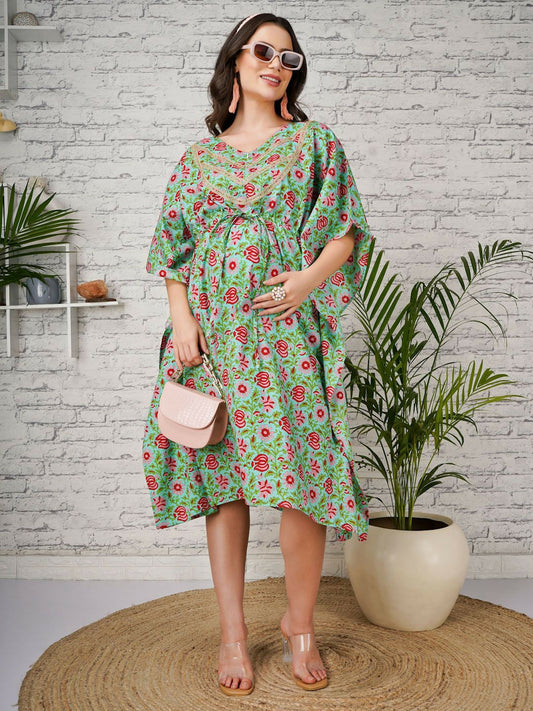 Green Floral Print Kaftan for Women – V-Neck, Flared Sleeves, Cotton Midi Dress | Indiaista