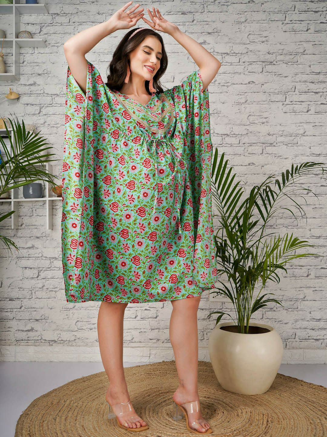 Green Floral Print Kaftan for Women – V-Neck, Flared Sleeves, Cotton Midi Dress | Indiaista