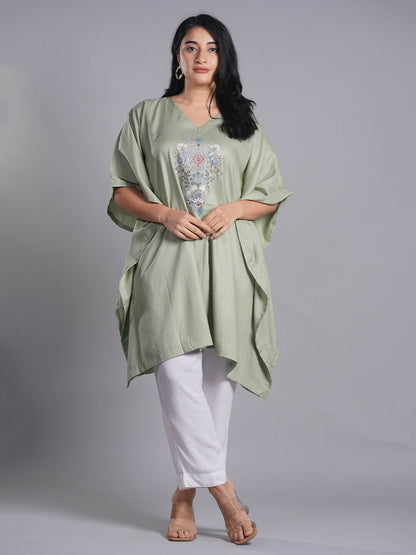 Olive Green Floral Printed Kaftan Kurti for Women – V-Neck, Plus Size, Comfortable Ethnic Wear | Indiaista