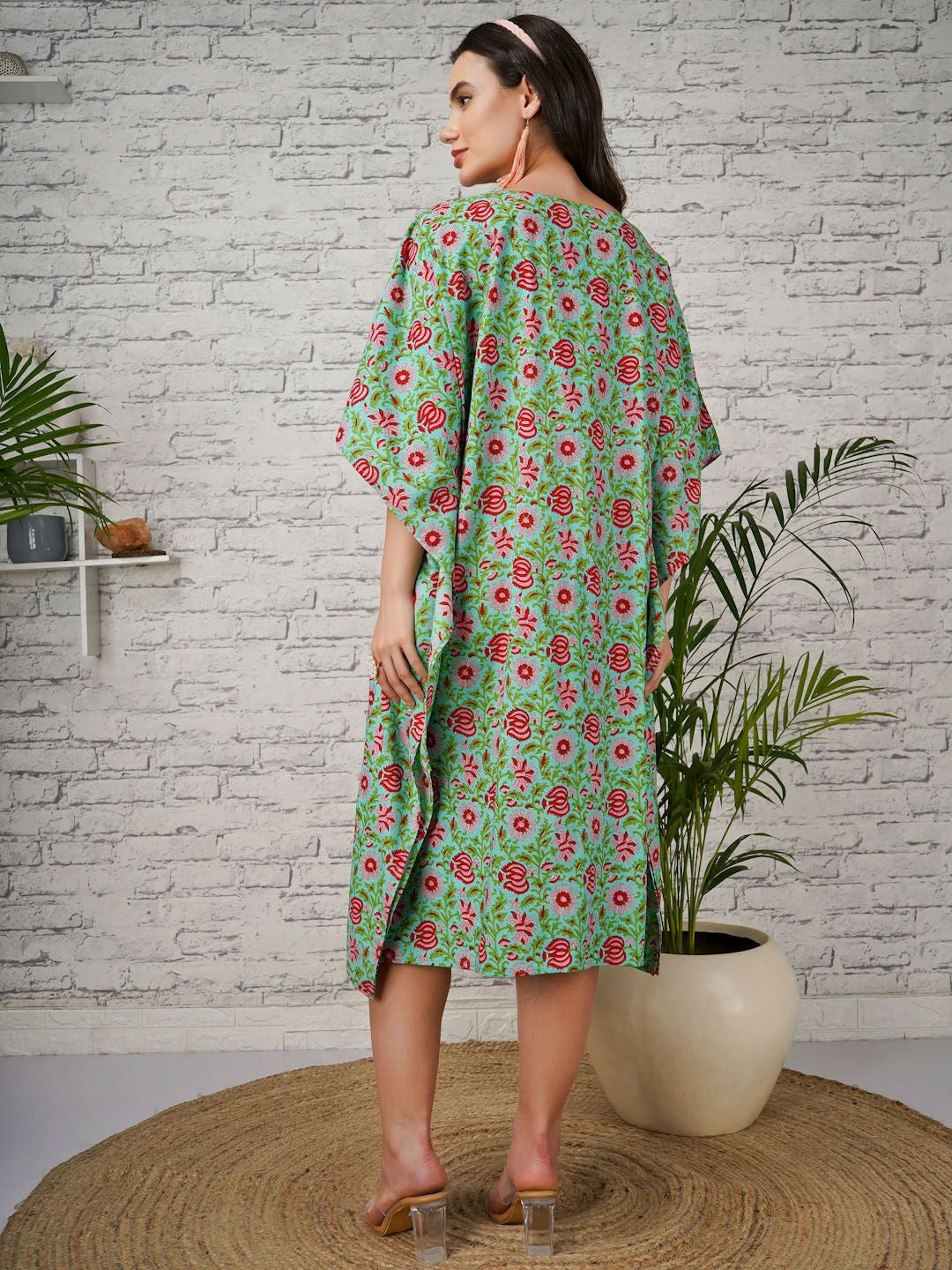 Green Floral Print Kaftan for Women – V-Neck, Flared Sleeves, Cotton Midi Dress | Indiaista