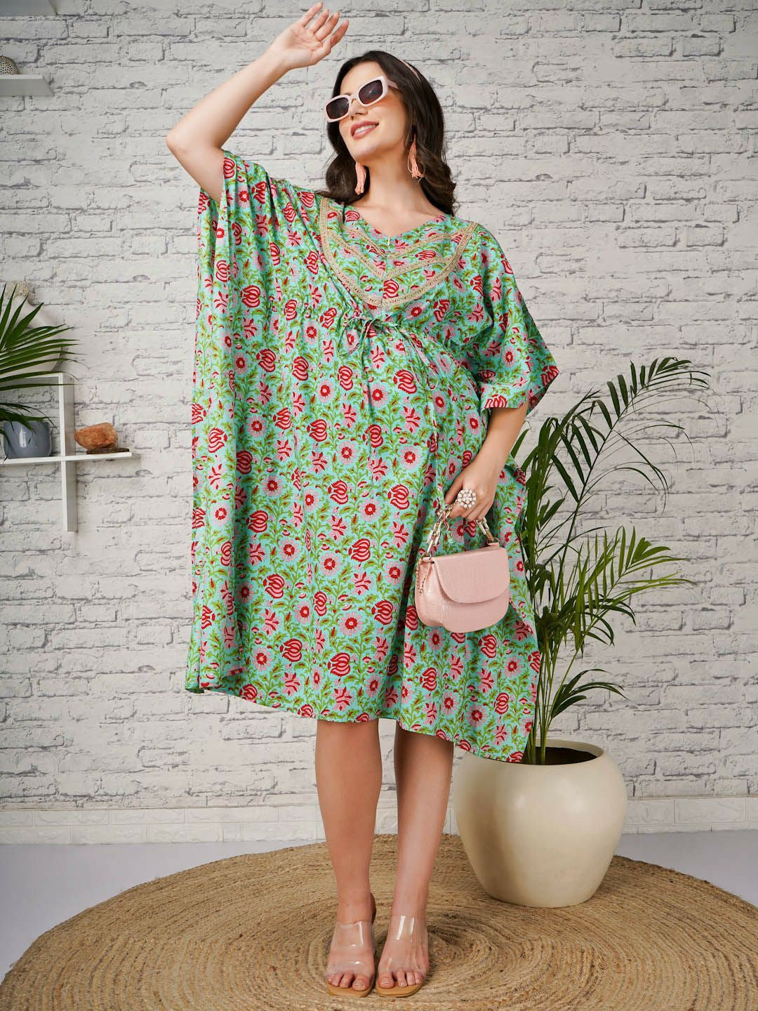 Green Floral Print Kaftan for Women – V-Neck, Flared Sleeves, Cotton Midi Dress | Indiaista