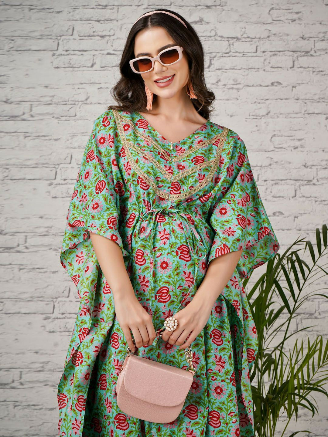 Green Floral Print Kaftan for Women – V-Neck, Flared Sleeves, Cotton Midi Dress | Indiaista