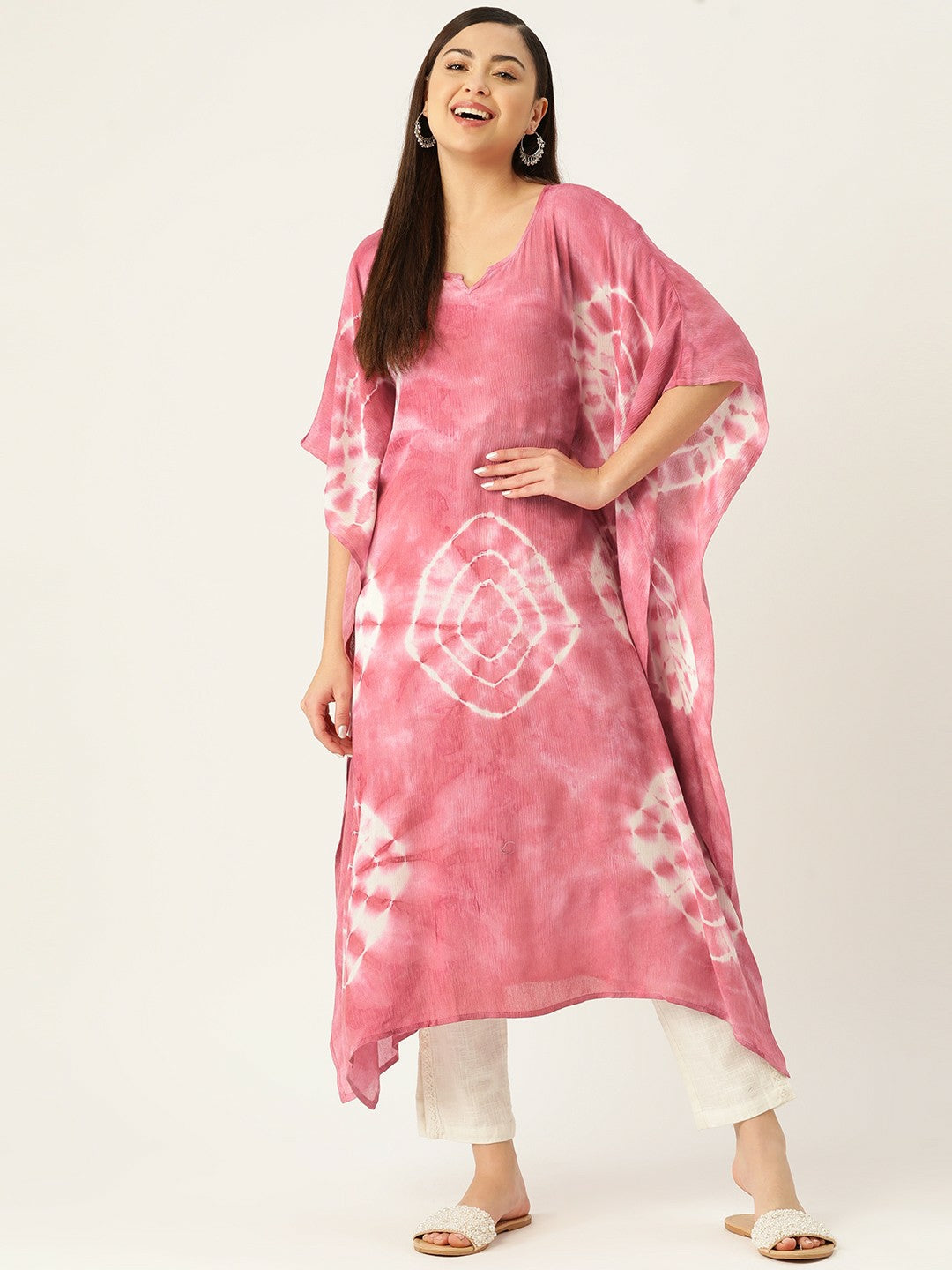 Pink & White Geometric Dyed Crepe Kaftan Kurta for Women – Stylish & Comfortable | Indiaista