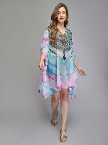 Multicoloured & Grey Abstract Print Kaftan Dress for Women – V-Neck, Flared Sleeves, High-Low Hem | Indiaista