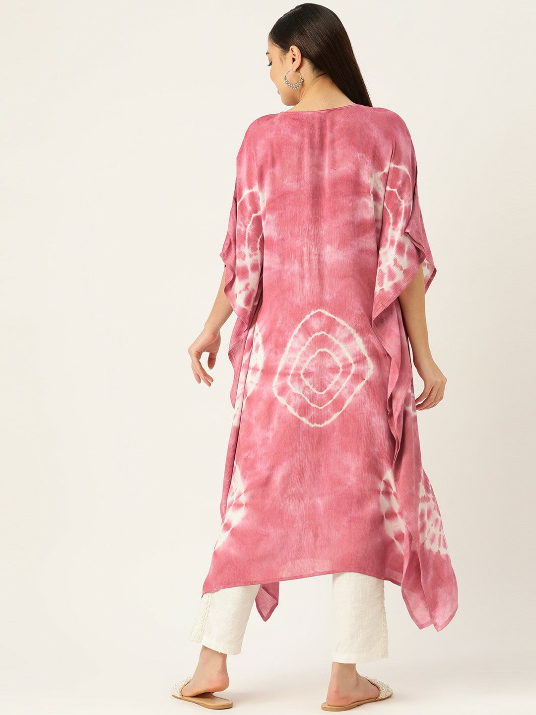 Pink & White Geometric Dyed Crepe Kaftan Kurta for Women – Stylish & Comfortable | Indiaista