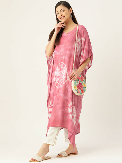 Pink & White Geometric Dyed Crepe Kaftan Kurta for Women – Stylish & Comfortable | Indiaista