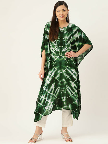 Green & White Abstract Dyed Crepe Kaftan for Women – Flared Sleeves, Asymmetric Hem | Indiaista