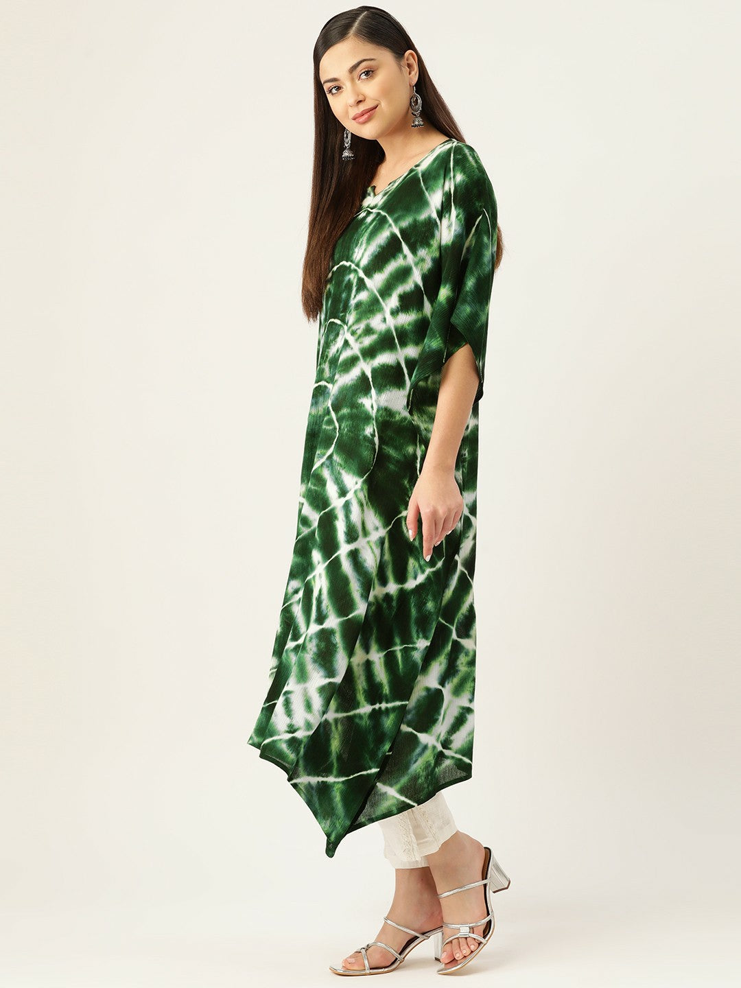 Green & White Abstract Dyed Crepe Kaftan for Women – Flared Sleeves, Asymmetric Hem | Indiaista