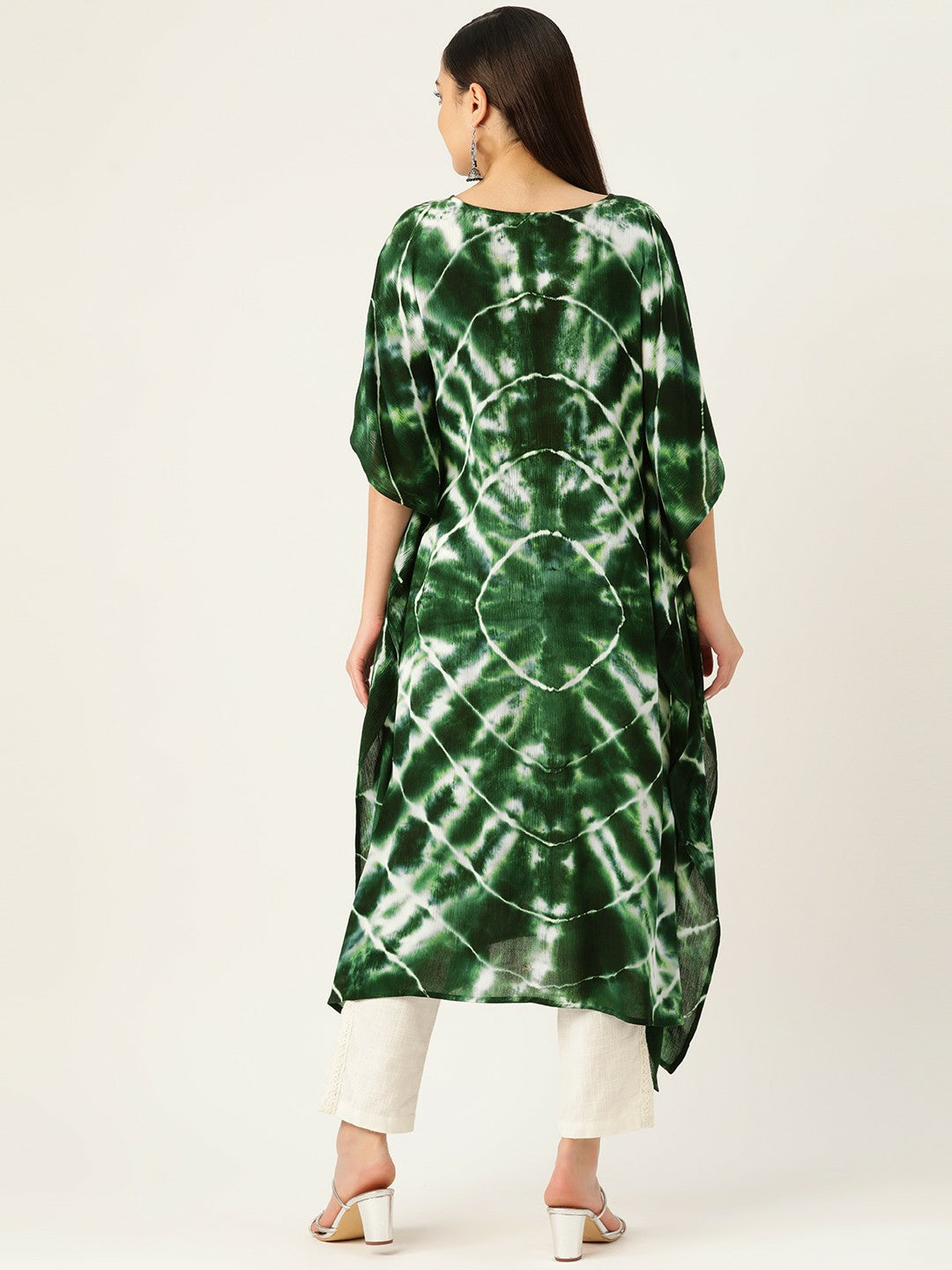 Green & White Abstract Dyed Crepe Kaftan for Women – Flared Sleeves, Asymmetric Hem | Indiaista