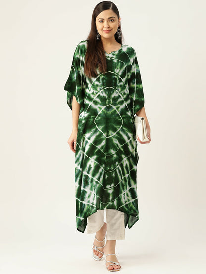 Green & White Abstract Dyed Crepe Kaftan for Women – Flared Sleeves, Asymmetric Hem | Indiaista