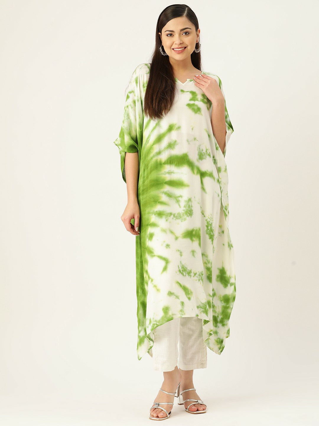 Off-White & Green Abstract Dyed Kaftan for Women – Crepe, Asymmetric Hem, Flared Sleeves | Indiaista