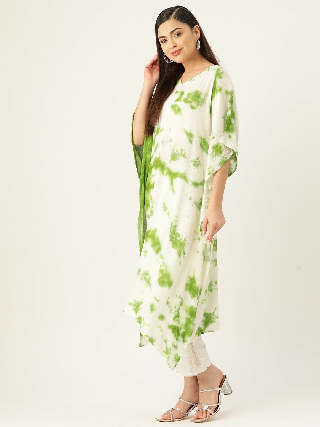 Off-White & Green Abstract Dyed Kaftan for Women – Crepe, Asymmetric Hem, Flared Sleeves | Indiaista