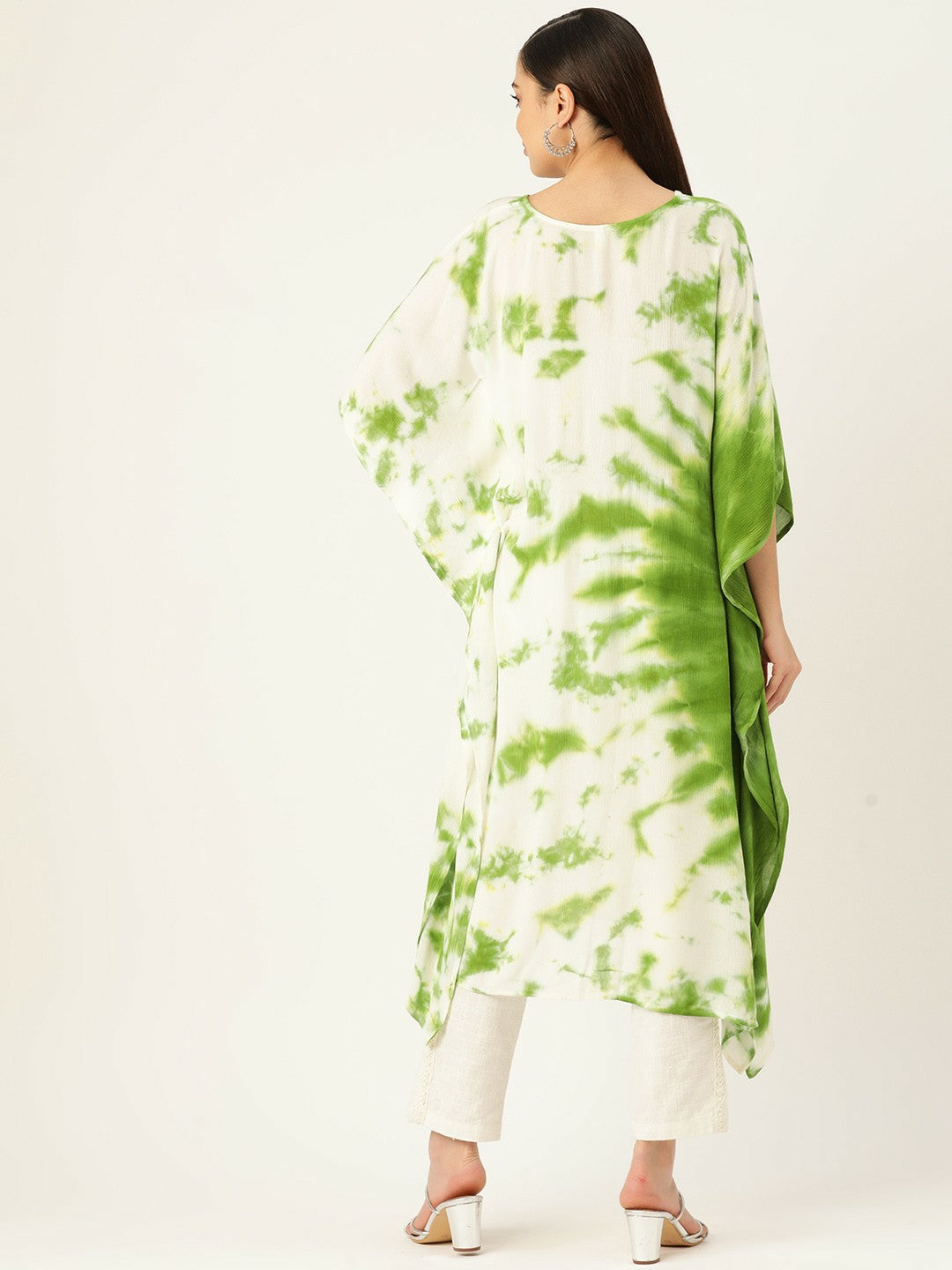 Off-White & Green Abstract Dyed Kaftan for Women – Crepe, Asymmetric Hem, Flared Sleeves | Indiaista