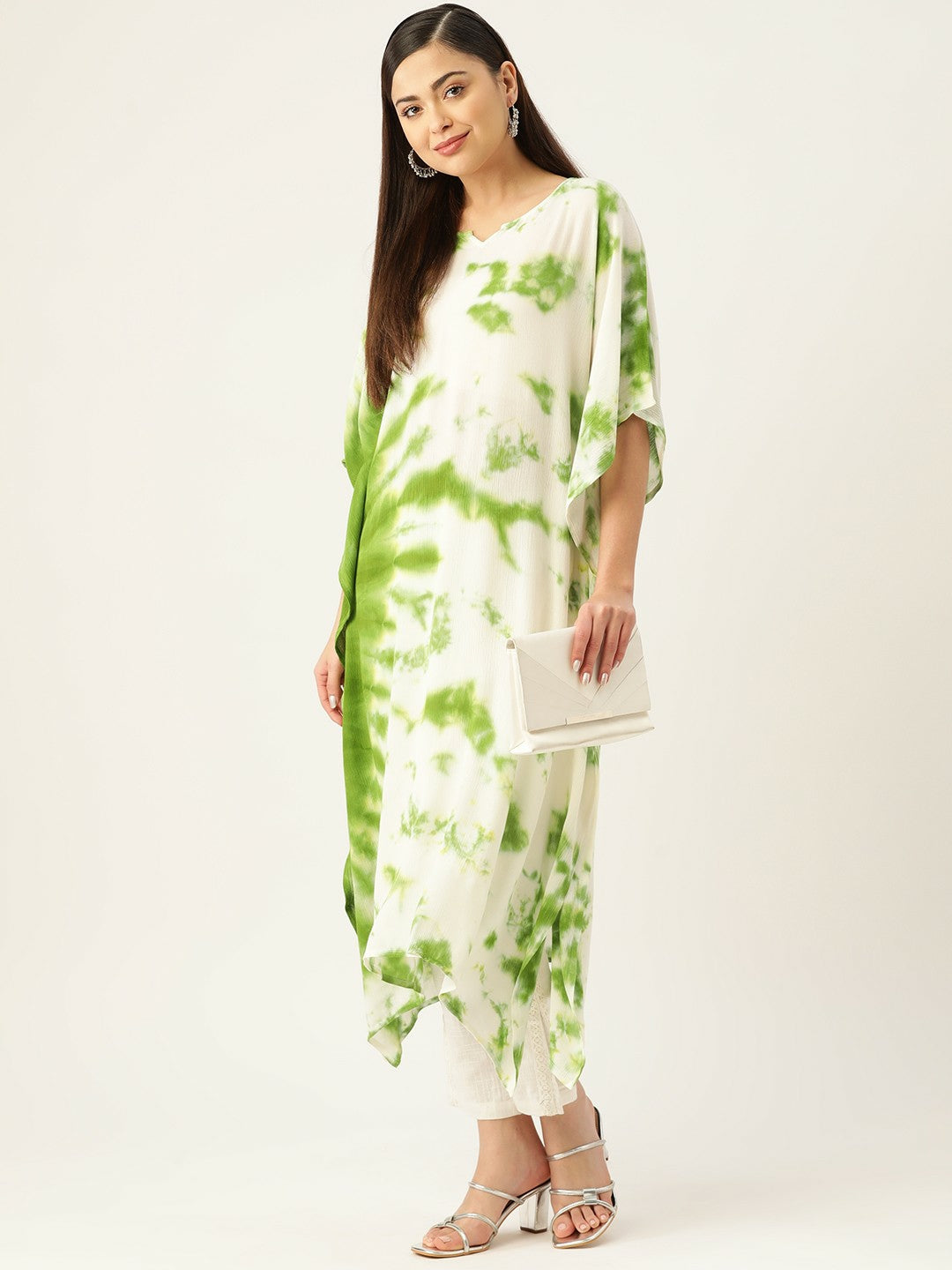 Off-White & Green Abstract Dyed Kaftan for Women – Crepe, Asymmetric Hem, Flared Sleeves | Indiaista