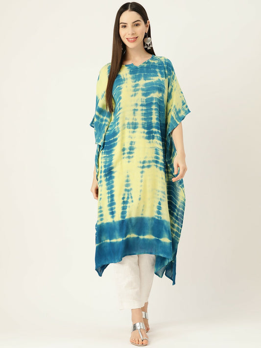 Blue & Green Abstract Dyed Kaftan Kurta for Women – Crepe Fabric, Flared Sleeves, Calf Length | Indiaista