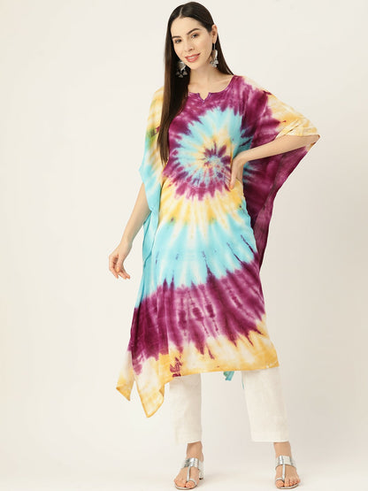 Multicolored Abstract Dyed Crepe Kaftan for Women – Flared Sleeves, Asymmetric Hem | Indiaista