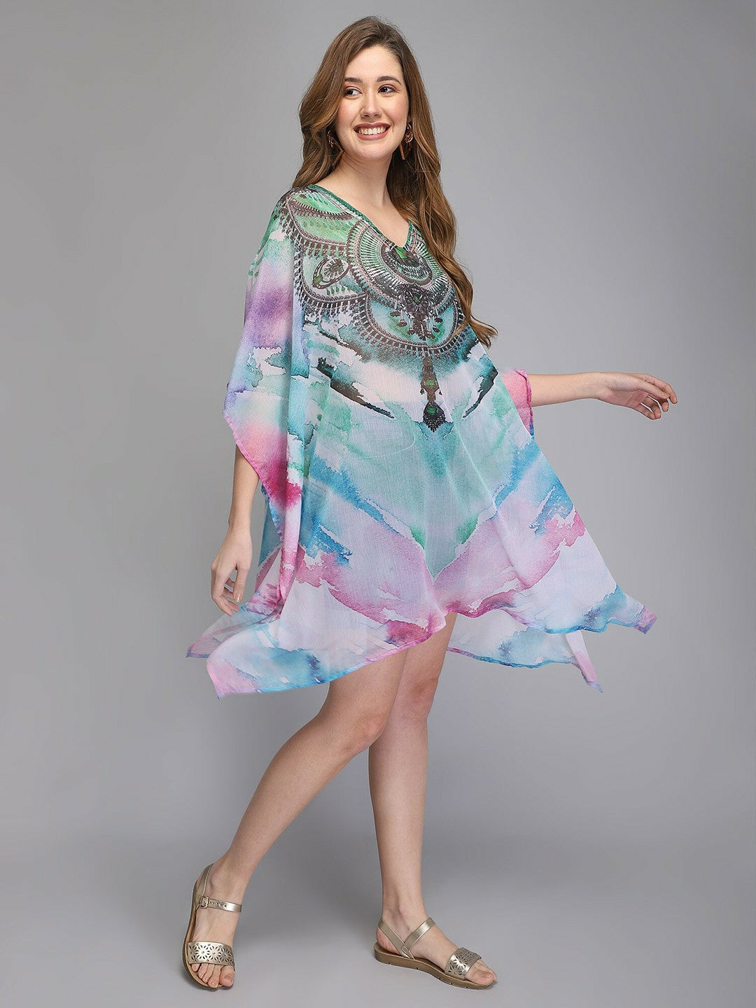 Multicoloured & Grey Abstract Print Kaftan Dress for Women – V-Neck, Flared Sleeves, High-Low Hem | Indiaista