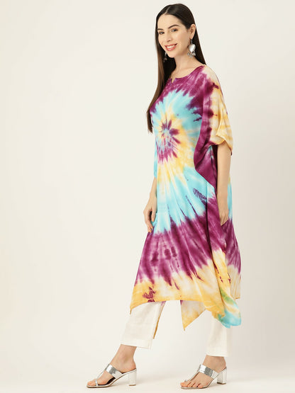 Multicolored Abstract Dyed Crepe Kaftan for Women – Flared Sleeves, Asymmetric Hem | Indiaista