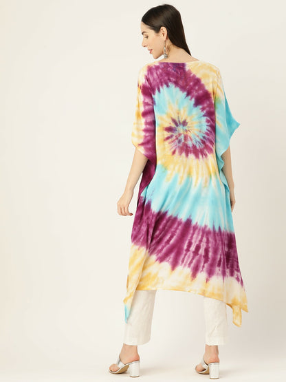 Multicolored Abstract Dyed Crepe Kaftan for Women – Flared Sleeves, Asymmetric Hem | Indiaista