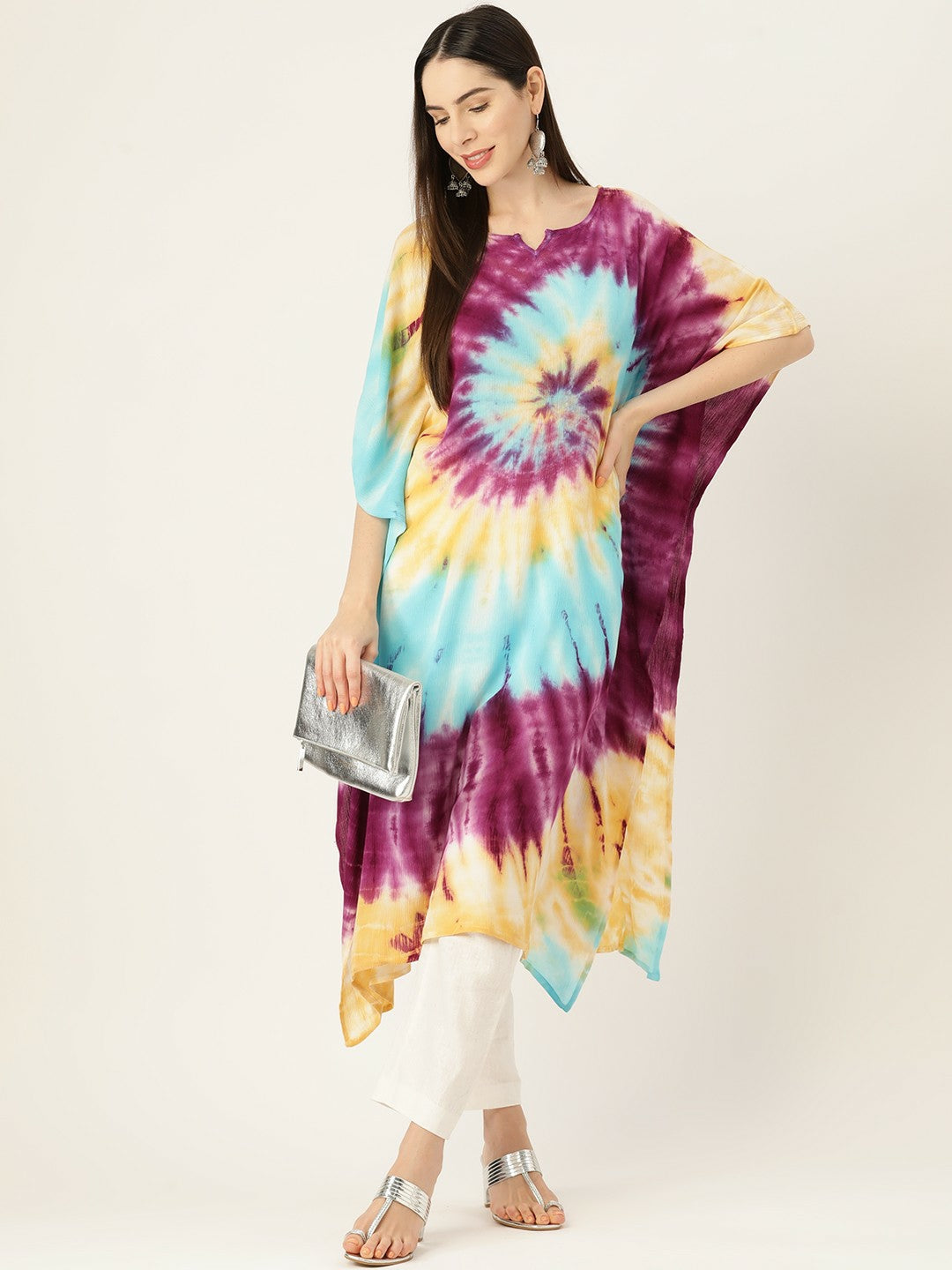 Multicolored Abstract Dyed Crepe Kaftan for Women – Flared Sleeves, Asymmetric Hem | Indiaista