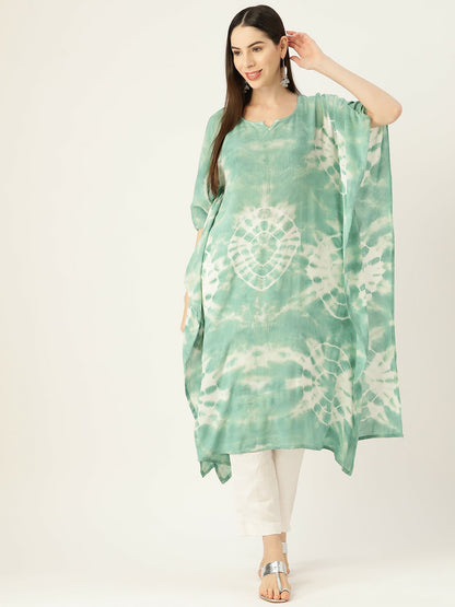 Green Abstract Dyed Crepe Kaftan Kurta for Women – Flared Sleeves, Asymmetric Hem | Indiaista